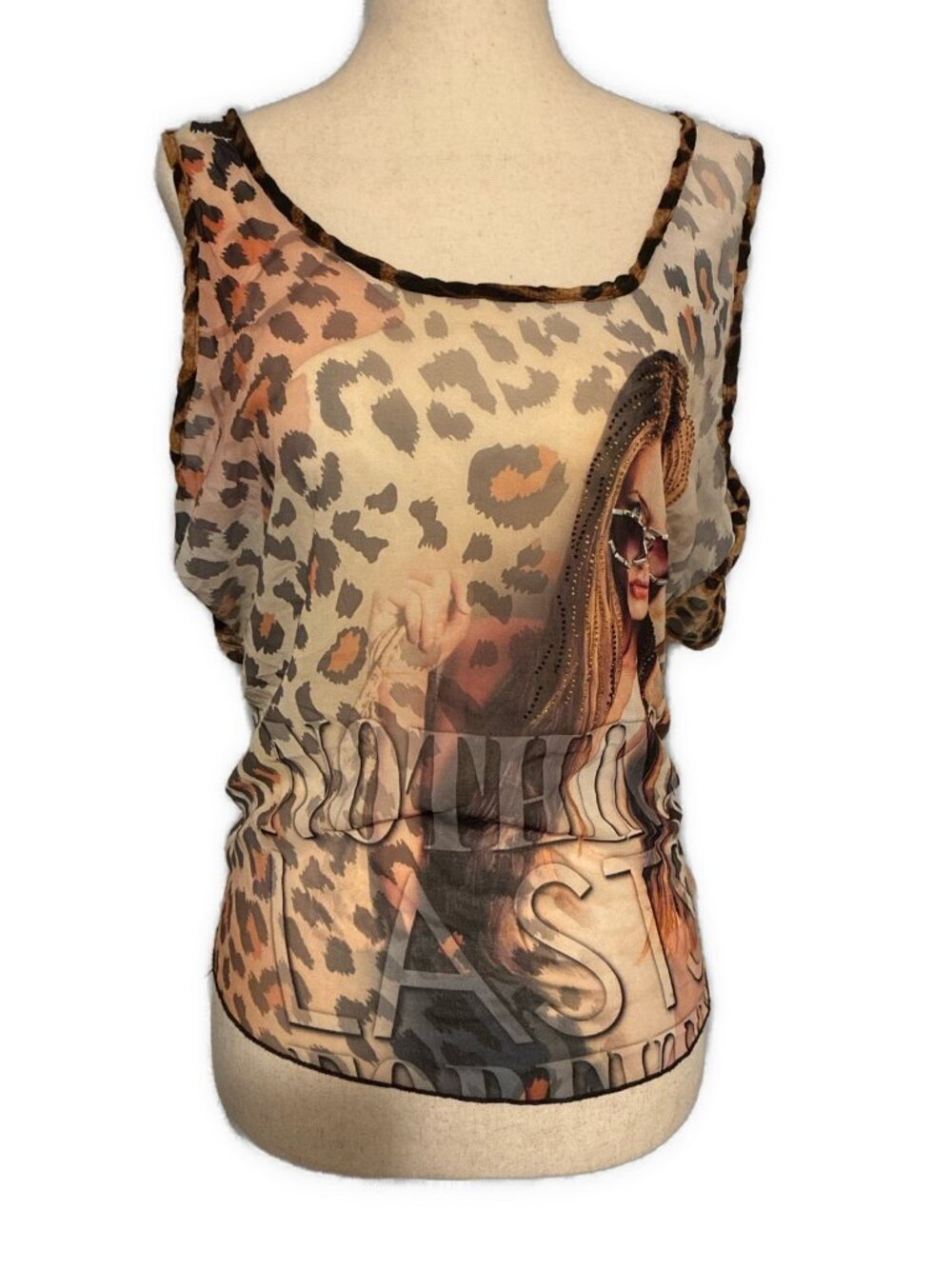 Kikiriki Leopard Graphic Party Rhinestone Sheer Open Back Tie Top Y2K Small